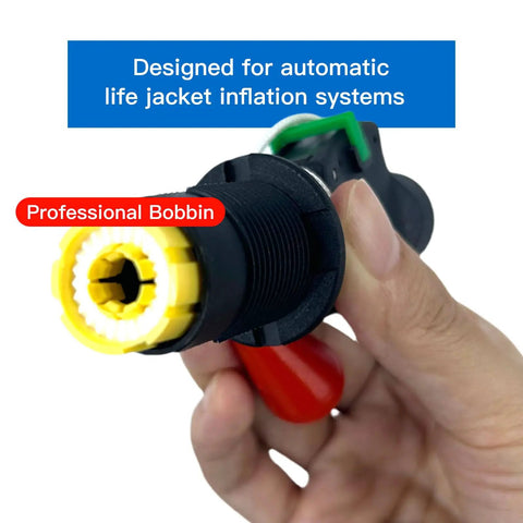 Close-up of an automatic inflator with yellow bobbin, part of the 3 Pieces Inflatable Life Jacket Bobbin Replacement Set.