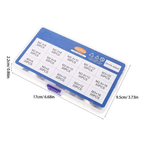 450 Piece Self Tapping Screws Kit Carbon Steel storage box with size and quantity labels visible