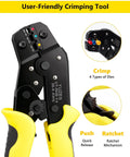 Three In One Wire Stripper Cutter And Crimper Kit With Auto Self Adjusting Mechanism for Pros, yellow handle, side view.
