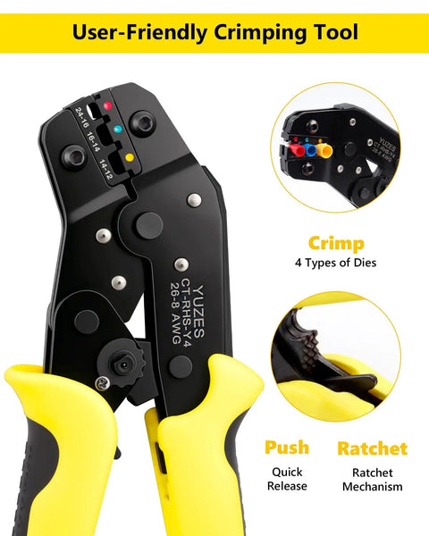 Three In One Wire Stripper Cutter And Crimper Kit With Auto Self Adjusting Mechanism for Pros, yellow handle, side view.