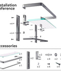 Installation guide for Glass Shelf With Towel Bar For Bathroom, 15.2 By 4.5 Inches, showing silver brackets and screws assembly.