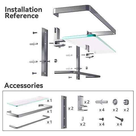 Installation guide for Glass Shelf With Towel Bar For Bathroom, 15.2 By 4.5 Inches, showing silver brackets and screws assembly.