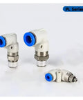 Two Pack 90 Degree Rotary Pneumatic Fittings Elbow, Plastic Male Rotary Union Connectors For Air Lines, Plug And Play Quick Connect Adapters, Easy Install, No Fuss For Home Shop Enthusiasts And Small Shops, white 90-degree plastic air line fittings with threaded ends