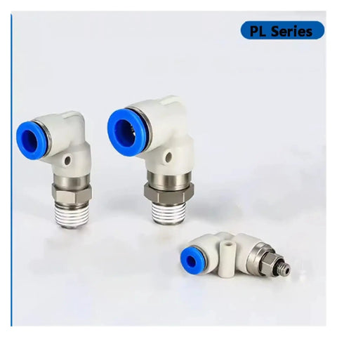 Two Pack 90 Degree Rotary Pneumatic Fittings Elbow, Plastic Male Rotary Union Connectors For Air Lines, Plug And Play Quick Connect Adapters, Easy Install, No Fuss For Home Shop Enthusiasts And Small Shops, white 90-degree plastic air line fittings with threaded ends
