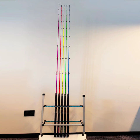 Beast Catfish Rod, 7 Ft, Medium Heavy, One Piece, Glow in the Dark Night Fishing Ready, multiple colors displayed upright.