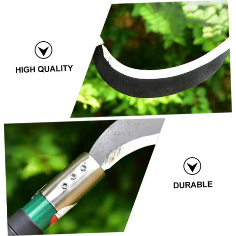 Close-up of a Two Pack Ergonomic Short Handle Moonshape Garden Scythe For Weeding And Lawn Care With Durable Manganese Steel Blades