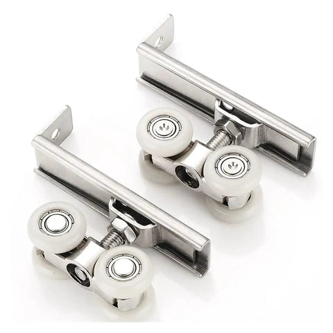 Heavy Duty Sliding Door Rollers 4 Pack Zinc Alloy Double Wheel Track Pulleys With Heat Treated Bearings on white background.