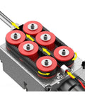 Close-up of Heavy Duty Cordless Wire Puller And Threader Machine With Portable Lithium Battery showing red rollers and cable.