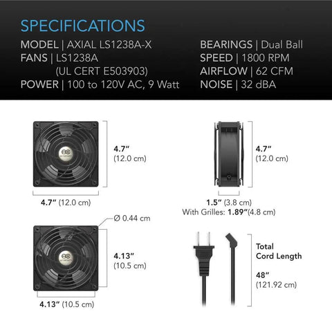 Specifications of Quiet 120V Axial Muffin Fan 120x38mm Low Speed Aluminum Body With Dual Ball Bearings UL Certified