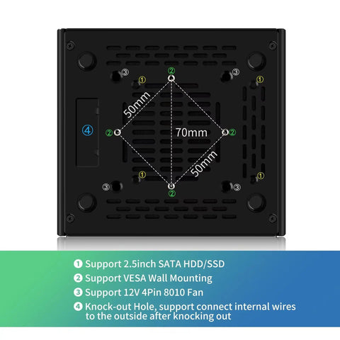 Rock Solid Firewall Mini PC With Intel N150 Processor And Four Kickass Network Ports, top view showing VESA mount and fan support.