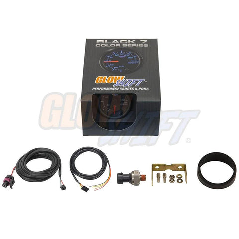 Oil pressure gauge kit GlowShift, Black 7-Color display, 2-1/16 in; 6-piece contents: gauge, sensor, wiring, mounting hardware, bezel.