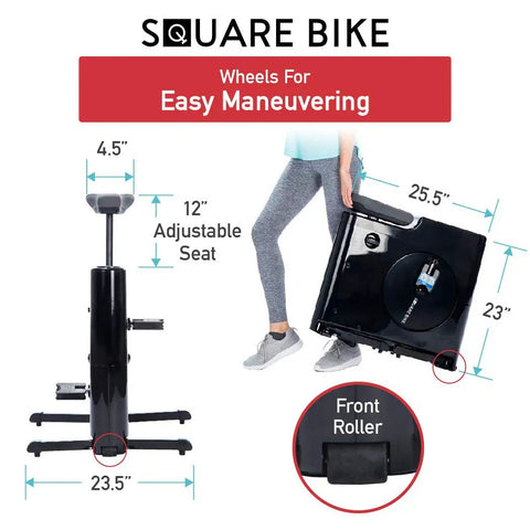 Felicity Compact Under Desk Exercise Bike With 8 Level Magnetic Resistance Foldable Space Saver showing adjustable seat and dimensions.