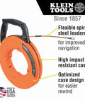 Klein Tools 56380 Non-Conductive Electrical Fish Tape with flexible steel leaders and impact resistant case for improved navigation.