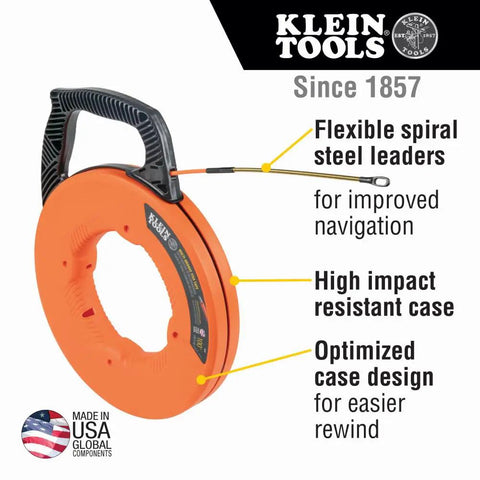 Klein Tools 56380 Non-Conductive Electrical Fish Tape with flexible steel leaders and impact resistant case for improved navigation.