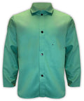 Front view of SparkGuard Flame Resistant Welding Jacket With Inside Arm Patches Lightweight Leather Alternative, size 2XL, green.