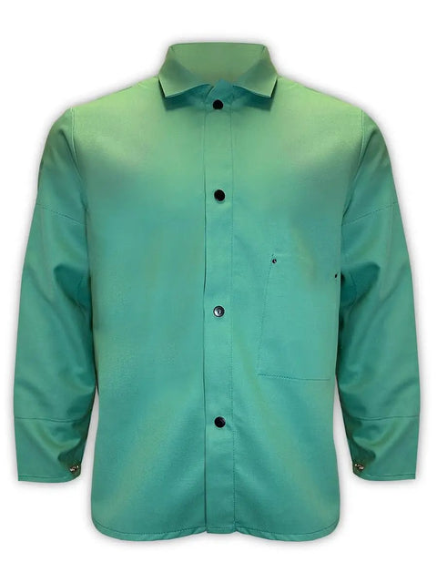 Front view of SparkGuard Flame Resistant Welding Jacket With Inside Arm Patches Lightweight Leather Alternative, size 2XL, green.