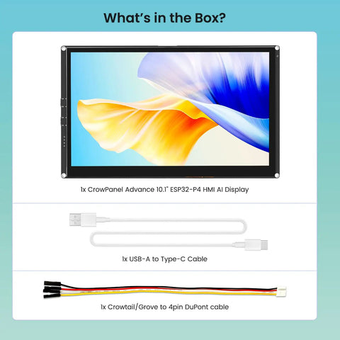 Dope 10.1 Inch ESP32 P4 Touchscreen Display With AI Speech 1024x600 IPS HMI Dual Core Up To 400MHz 2.4GHz WiFi 6 And Bluetooth 5.3 Arduino ESP IDF Ready No Camera Compact IoT Dev Panel For Smart Projects with USB-C and DuPont cables
