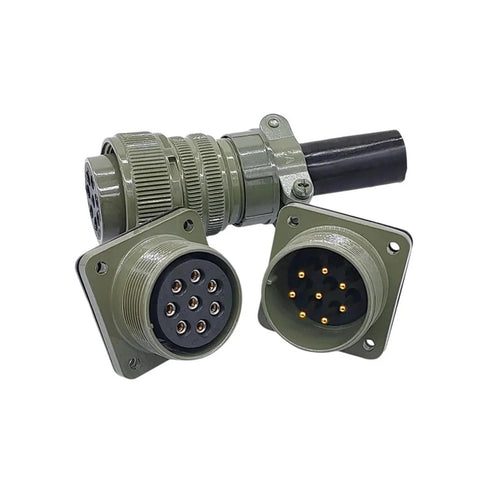 MS3108 military-spec circular connectors, olive-drab metal shells with screw-collar coupling (plug and receptacle)