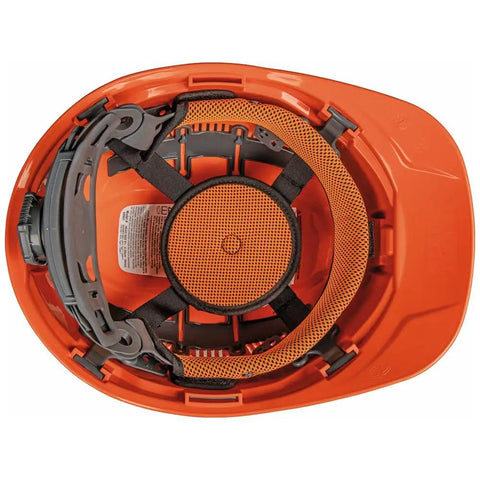 Inside view of hard hat with 3-pack replaceable sweatbands for suspension systems, showcasing extended forehead and side coverage.
