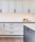 Kitchen cabinets with 2 Pack 8 Inch Center Antique Brass Cabinet Pulls Heavy Duty Solid Zinc Alloy Handles installed.