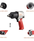 Premium 1/2 Inch Drive Pneumatic Impact Wrench with adjustable speed and rubber grip for heavy automotive work.