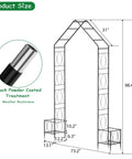 Diagram of Metal Garden Arch Trellis For Climbing Plants Outdoor 8.2 Ft Tall Arbor With Planter Boxes showing dimensions