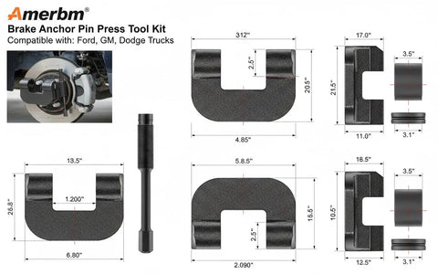 Professional Brake Anchor Pin And Bushing Removal Tool With 10 Ton Heavy Duty Design for Class 6-8 trucks, tool measurements shown.