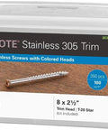 Container of Brown Color Coated Stainless Steel Deck Screws No 8 X 2-1/2 Inch with Star Drive Trim Head Fasteners Type 17 Auger Tip 350 PC Pack