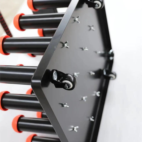 Close-up of bottom view showing the swivel casters of Vinyl Roll Storage Cart With Handle Mobile 16 Roll Capacity Heavy Duty Digital Media Stand Holds 3 Inch Core Rolls Ideal For Paint Protection Film Photography Paper Blueprint Rolls And Window Film Black