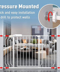 Extra Wide Pressure Mount Baby Gate Auto Close With Walk Through, White Metal Safety Gate installed in living room doorway