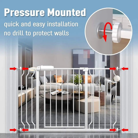 Extra Wide Pressure Mount Baby Gate With Auto Close And Hold Open, Walk Through Metal Safety Gate For Stairs And Doorways Kid Safe And Pet Friendly, Fits 33.86 To 38.58 Inches White shown in a living room doorway with pressure mount installation detail inset.