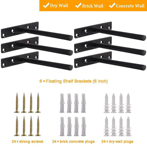 Heavy Duty Floating Shelf Bracket Set Of 6 Solid Steel Hidden Shelving Supports For Floating Wood Shelves Concealed Brackets for walls.