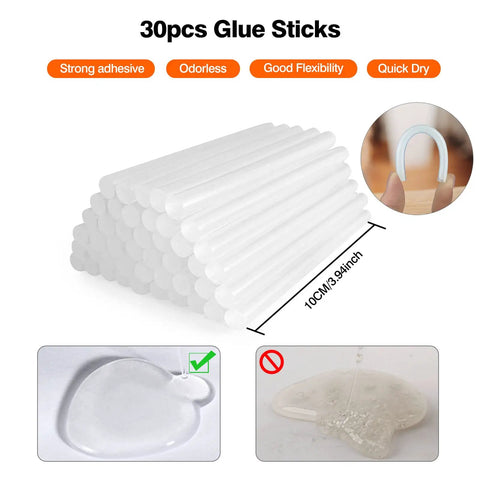 Dope Mini Hot Glue Gun Kit With 30 Glue Sticks featuring strong adhesive, odorless, flexible, quick dry glue sticks in white 30pcs.