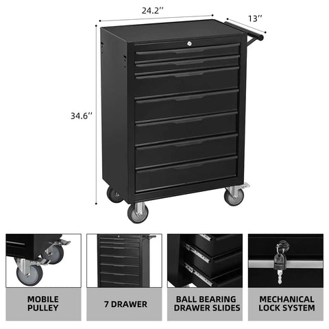Black 24 Inch Cold Rolled Steel Tool Box With Drawers Rolling Tool Chest On Wheels Lockable Storage Garage Heavy Duty Organizer