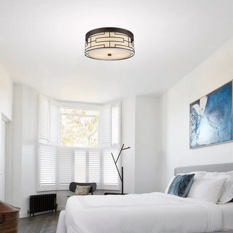 Semi Flush Drum Ceiling Light 3 Light in Oil Rubbed Bronze Finish With Linen White Fabric Shade in modern bedroom setting.