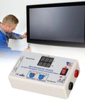 LED Backlight Tester for TV Screens and LCD Panels Auto Adjustable 20 to 330V DC Smart Current Control Backlight Board Tester Bead Strip Repair Tool for TV Backlights Quick Diagnostics for Pros and DIY Enthusiasts shown near technician working on TV.