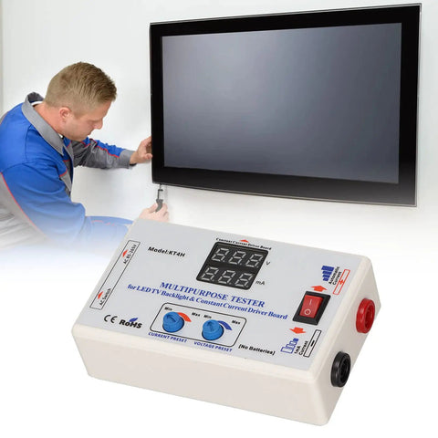 LED Backlight Tester for TV Screens and LCD Panels Auto Adjustable 20 to 330V DC Smart Current Control Backlight Board Tester Bead Strip Repair Tool for TV Backlights Quick Diagnostics for Pros and DIY Enthusiasts shown near technician working on TV.