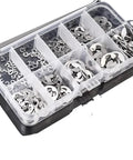 120pcs Stainless Steel E Shaped Clip Washer Rings Snap Circlip Shaft Fasteners Kit With Assorted Sizes M1.5 To M10 in clear organizer box.