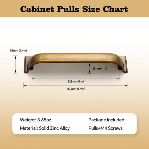 Size chart for Antique Brass Cup Pulls Zinc Alloy Cabinet Hardware For Kitchen And Furniture 5 Inch Center 6 Pack Model 9632GT 128