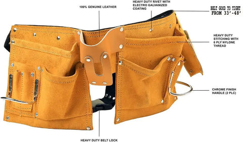 Premium Leather Tool Belt For Men Heavy Duty Adjustable Carpenter Belt Fits 33 To 48 Inch Waist Pouch with multiple pockets and loops.