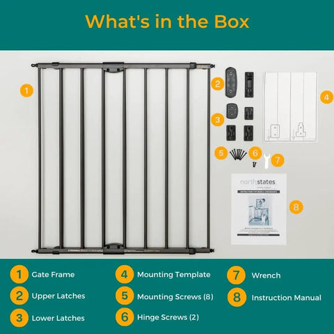Bulletproof Hardware Mounted Walk Thru Pet Gate 31 Inches Tall includes gate frame, latches, screws, and instruction manual.