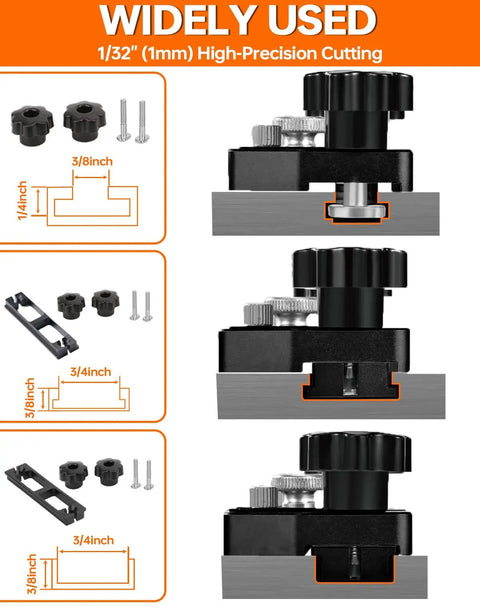 Pro Shop Grade Thin Rip Jig For Table Saw Featuring Three Heavy Duty Rollers And Universal Miter Slot Adapter, showing high-precision cutting details.