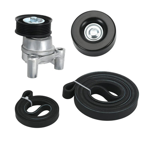 Drive Belt Tensioner And Serpentine Belt Kit With Idler Pulley For Silverado Tahoe Avalanche Yukon Sierra Hummer H2 H3 2009 2013 V8 Engines 4.8L 5.3L 6.0L 6.2L Beefy Replacement Easy Install, showing components including tensioner, idler pulley, and belts.