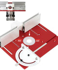 Premium Aluminum Router Table Insert Plate Featuring Quick Flip Lift Mechanism And Precision Miter Channel For Dope Maker Shop Rigs That Provide Zero Slop On Every Cut In Vibrant Red, showcasing adjustable side rails and angle gauge.