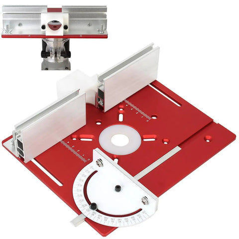 Premium Aluminum Router Table Insert Plate Featuring Quick Flip Lift Mechanism And Precision Miter Channel For Dope Maker Shop Rigs That Provide Zero Slop On Every Cut In Vibrant Red, showcasing adjustable side rails and angle gauge.