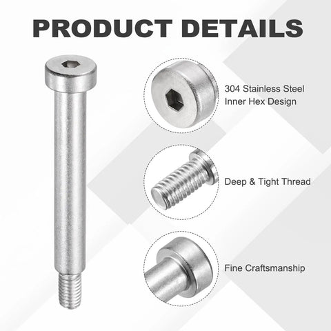 Four Pack 304 Stainless Steel Shoulder Bolts 8mm Shoulder Diameter 50mm Shoulder Length M6x1 Thread Hex Socket hardware details