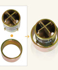 Edicapo wheel bearing press tool kit with bronze cylindrical adapter and cross jaw insert, front and side views