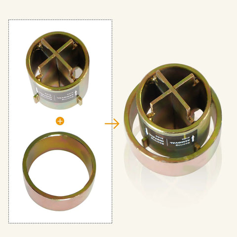Edicapo wheel bearing press tool kit with bronze cylindrical adapter and cross jaw insert, front and side views