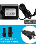 Whisper Quiet Submersible Fountain Pump 220 GPH with adjustable flow, AC power cord, and nozzle sizes shown