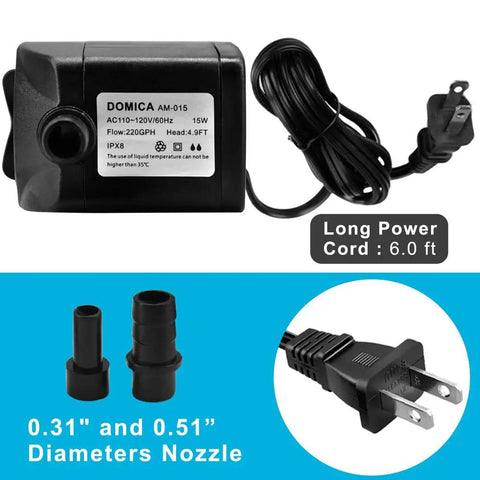 Whisper Quiet Submersible Fountain Pump 220 GPH with adjustable flow, AC power cord, and nozzle sizes shown